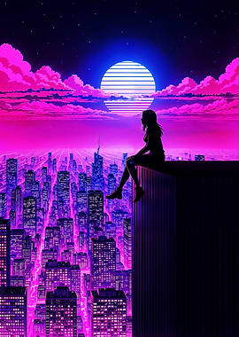 Alone Above the City - Synthwave Neon Skyline Reflections