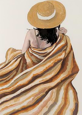 Woman with Hat and Striped Blanket