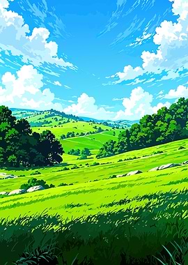 Anime Style Green Hills Landscape