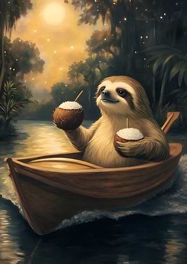 Sloth on a boat with cocktails