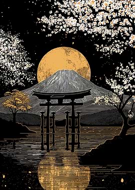 Mount Fuji with Torii Gate and Moon