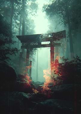Torii Gate in Misty Forest