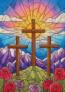Three Crosses Stained Glass Illustration