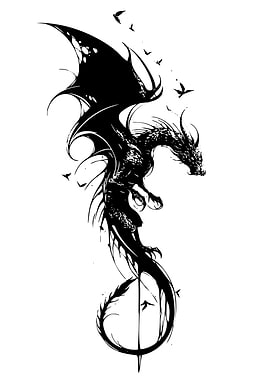 Black Dragon Silhouette with Birds