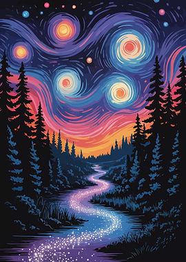 Starry Night Landscape with River