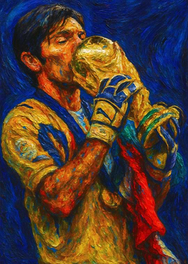 Soccer Player Kissing World Cup Trophy Painting