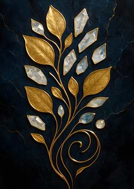 Golden Leaves and Crystals on Marble