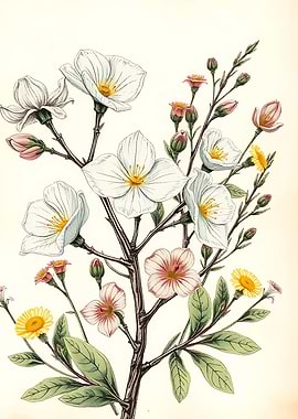 Botanical Illustration of White and Pink Flowers