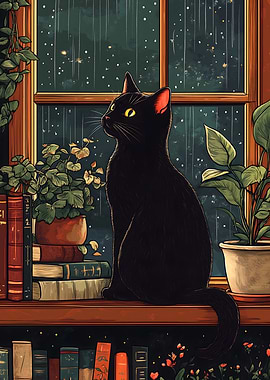 Black Cat Gazing at Rainy Window