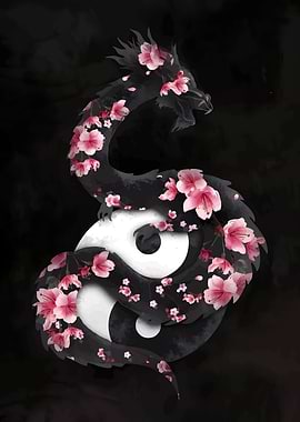 Dragon with Cherry Blossoms and Yin Yang