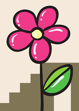 Cartoon Pink Flower with Green Leaf