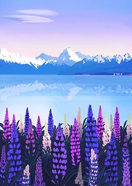 Lake under the snow-capped mountains