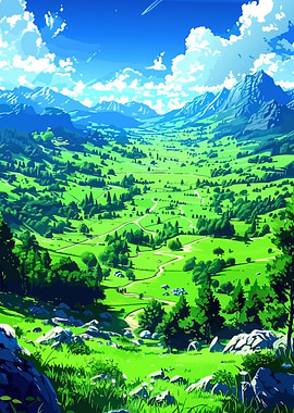 Anime Style Green Valley Landscape