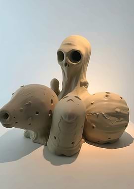 Surreal Clay Sculpture with Alien Figure