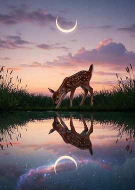 Fawn Drinking at Twilight Reflection