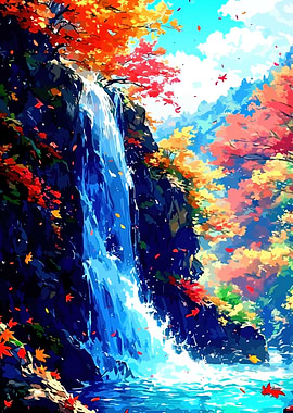 Autumn Waterfall Landscape Digital Art