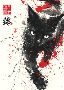 Black Cat Ink Painting
