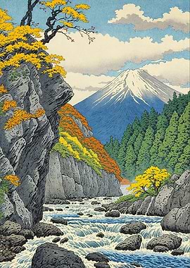 Japanese Landscape with Mountain and River