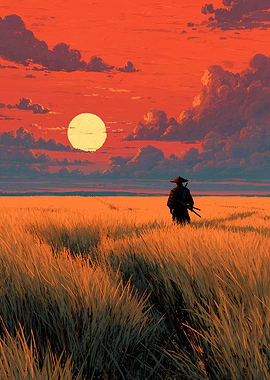 Samurai in Field at Sunset
