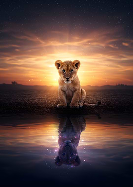 Lion Cub Reflection at Sunset