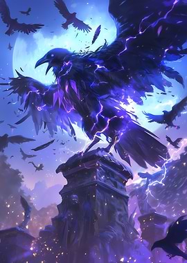 Electric Raven on Stone Pedestal