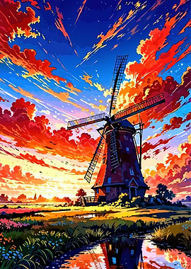 Dutch Windmill Landscape at Sunset