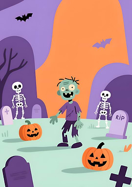 Halloween Cartoon Zombie Graveyard Illustration
