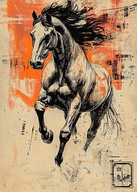 Running Horse Sketch with Orange Accents