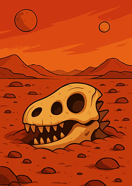 Cartoon Dinosaur Skull on Mars Landscape