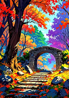 Autumn Forest Stone Bridge