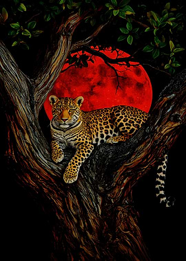 Leopard in Tree with Red Moon