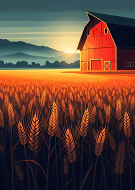 Red Barn in Golden Wheat Field