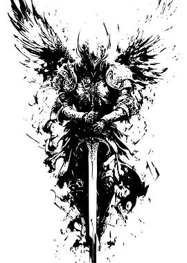 Winged Knight with Sword Black and White
