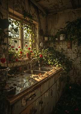 Overgrown Kitchen with Roses and Vines