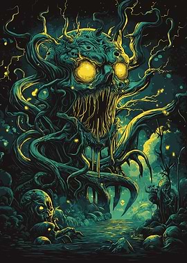 Swamp God Awakens – Horror Skull Poster | Dark Forest Monster Wall Art | Metal Album Aesthetic | Occult Fantasy Decor
