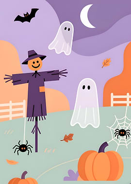 Halloween Cartoon Scene with Ghosts