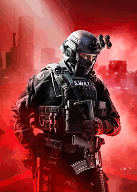SWAT Officer in Red Cityscape