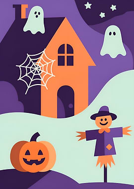 Halloween Night Scene with Pumpkin and Ghosts