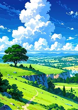 Anime Style Landscape with Tree and Clouds