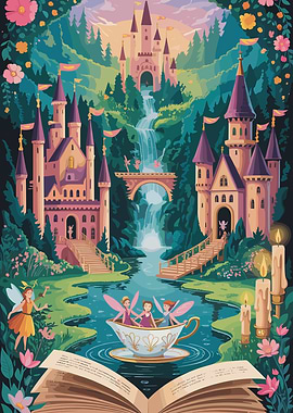 Fairytale Castle Landscape with Fairies and Book