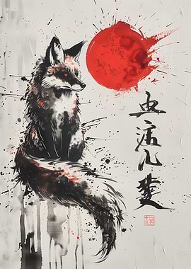 Blood Moon Kitsune Ink Painting