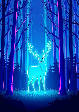 Neon Deer in Blue Forest
