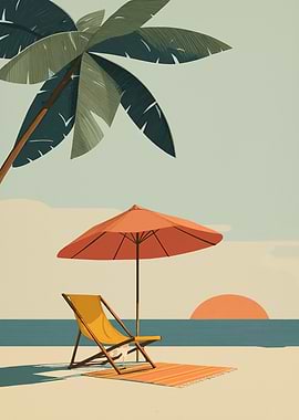 Minimalist Beach Scene with Palm Tree