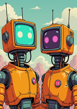 Two Cartoon Robots with TV Heads