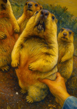 Group of prairie dogs with human hand