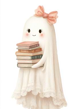 Cute Ghost with Books and Bow