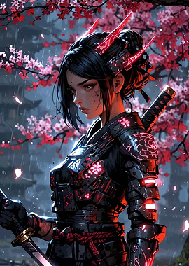 Cyberpunk Samurai Girl Cherry Blossoms