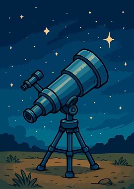 Cartoon Telescope Under Starry Night Sky