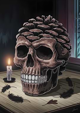 Pinecone Skull with Candle and Feathers