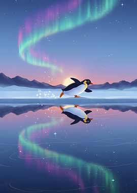Penguin skating on ice with aurora